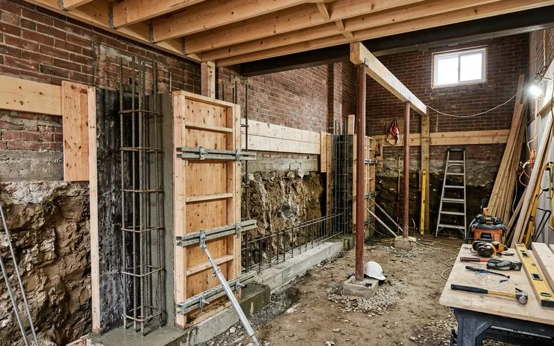 Basement underpinning work in progress, lowering the floor to gain ceiling height