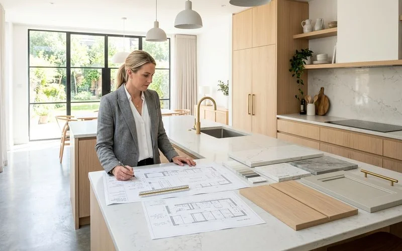 Designer reviewing a custom kitchen cabinetry layout with quartz and oak material samples