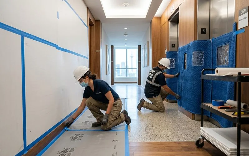 Renovation crew protecting a condo corridor and service elevator during a unit modernization