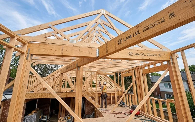 Structural framing of a second-storey home addition in progress with new roof trusses