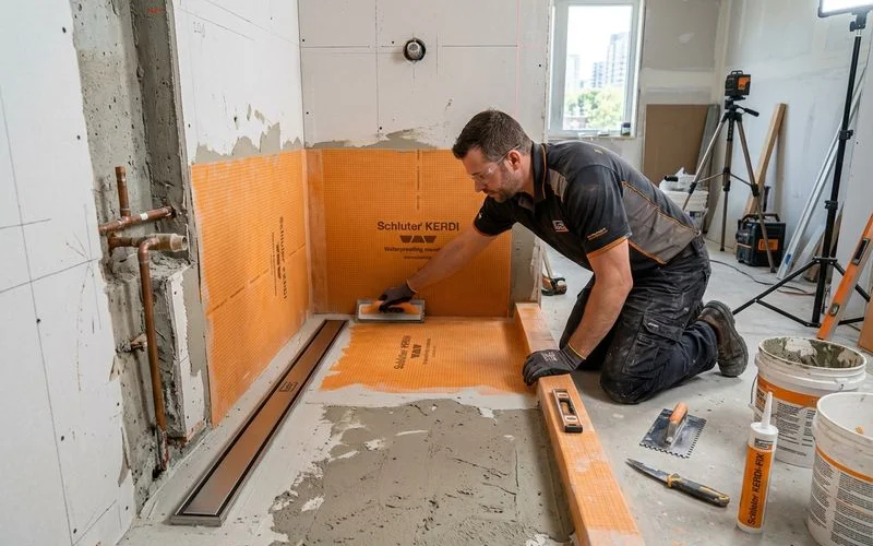 Technician installing a Schluter-KERDI waterproofing membrane and linear shower drain