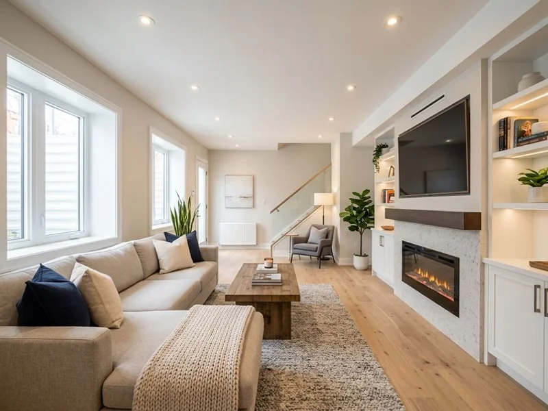 Finished basement living area renovation with warm lighting