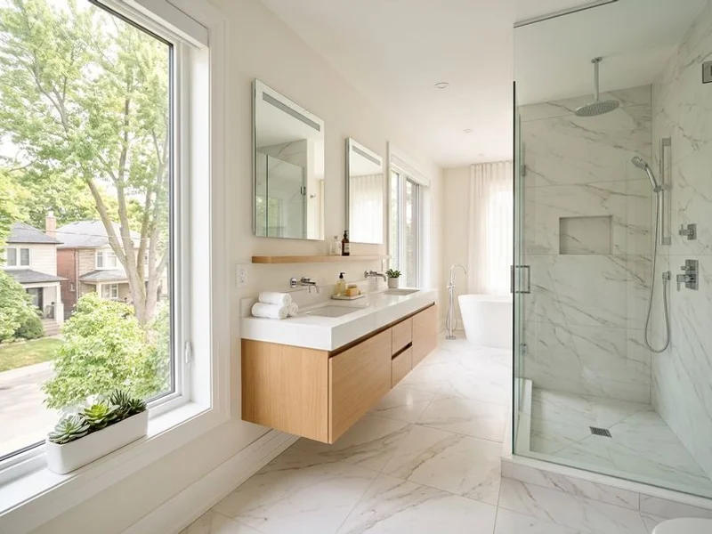 Modern spa-style master ensuite renovation with a walk-in glass shower