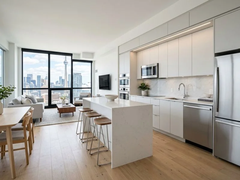 Modernized downtown Toronto condo interior with a sleek open kitchen