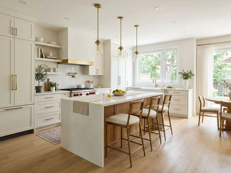 Open-concept Toronto kitchen renovation with a quartz waterfall island