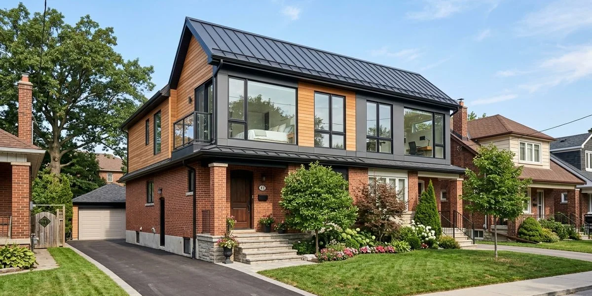 Completed second-storey addition on a Toronto home with a new roofline and modern exterior finishes