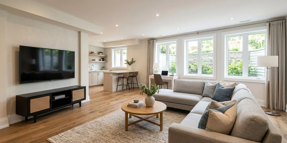 Finished Toronto basement living area with bright pot lighting and modern flooring
