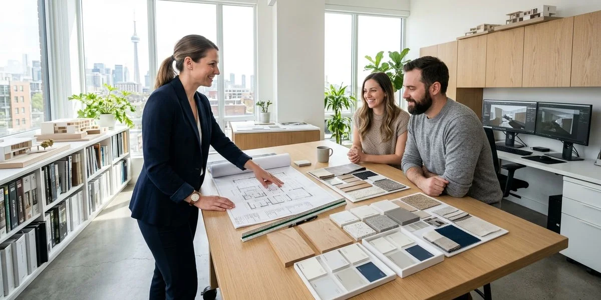 Interior designer presenting a space plan and material palette for a modern Toronto home