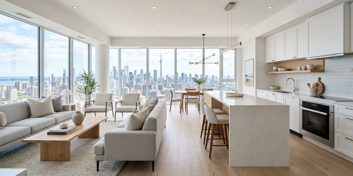 Modernized Toronto condo interior with an open kitchen-living area and large windows