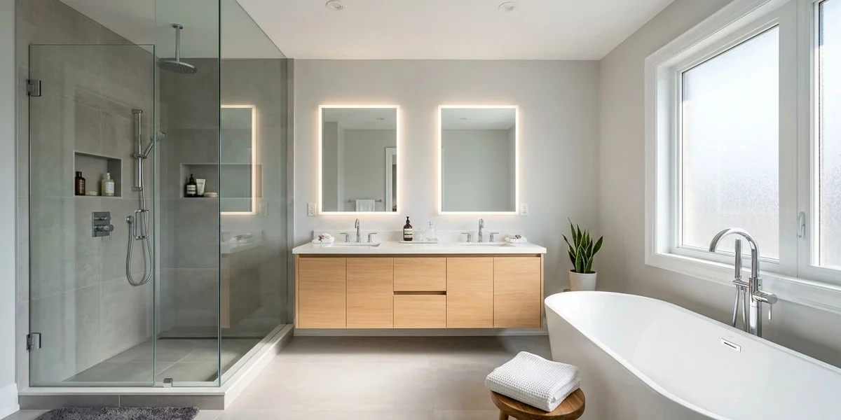 Renovated modern Toronto master ensuite with a floating vanity, glass walk-in shower, and freestanding soaking tub