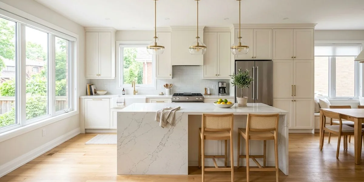 Renovated open-concept Toronto kitchen with a white quartz waterfall island and ceiling-height custom cabinetry